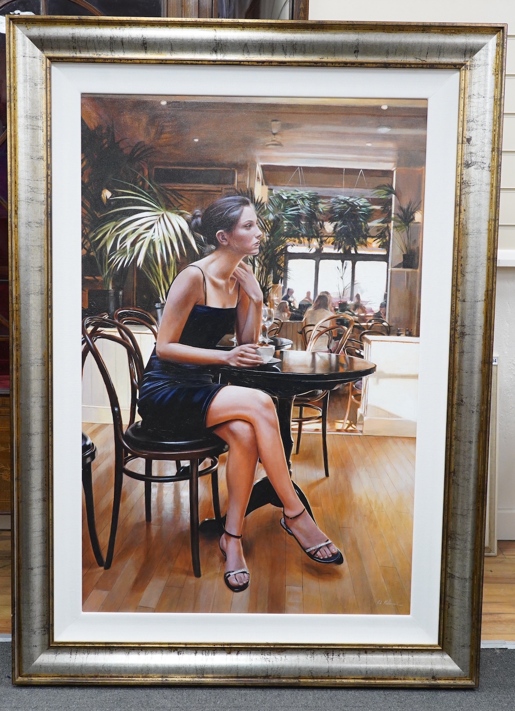 Rob Hefferan (b.1968), oil on canvas, Café scene with seated woman, signed, 110 x 72cm